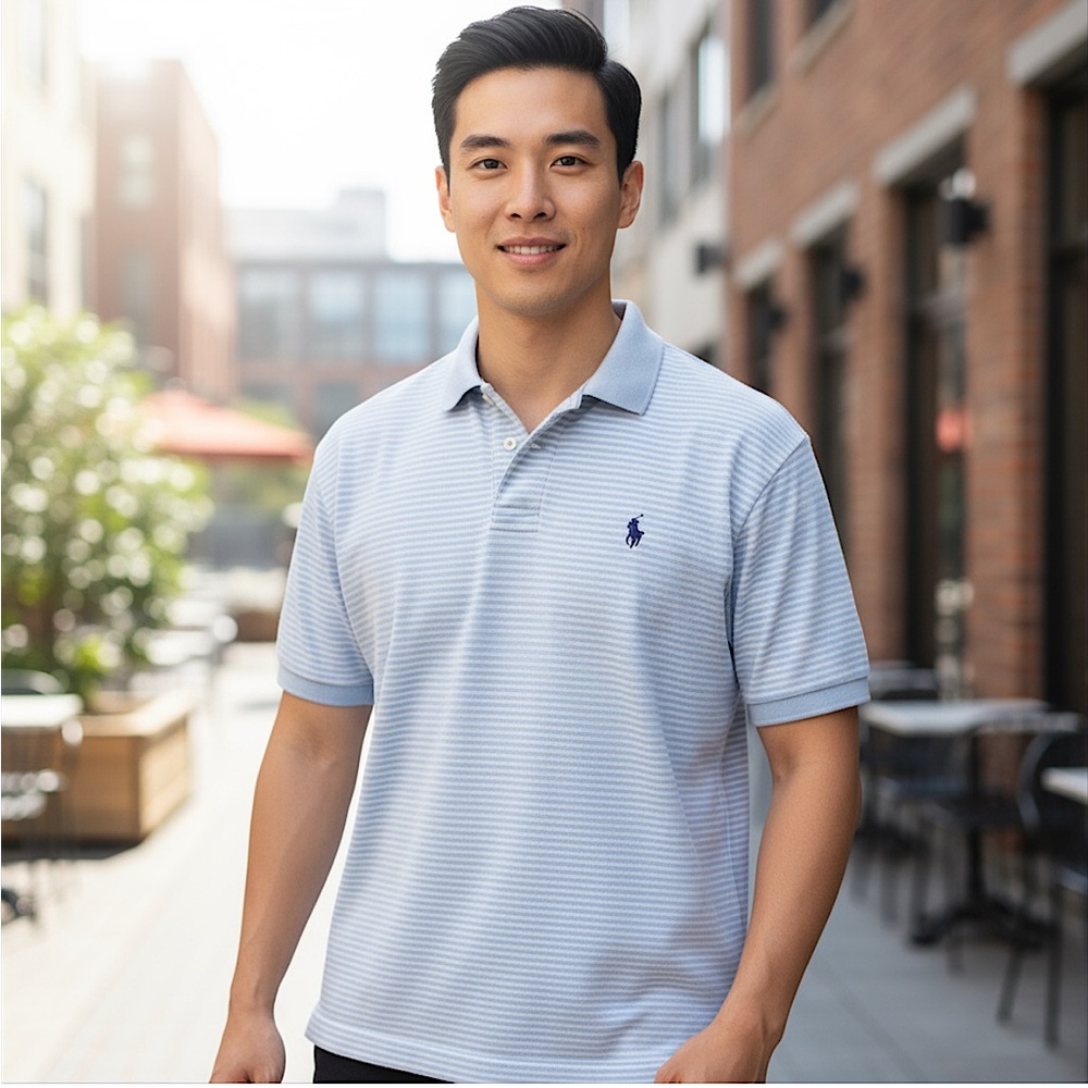 Polo Ralph Lauren Preppy Blue Striped Classic‎ Fit Short Sleeve Shirt, Size L
